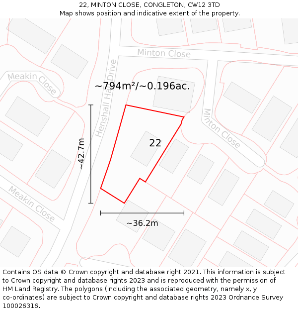 22, MINTON CLOSE, CONGLETON, CW12 3TD: Plot and title map