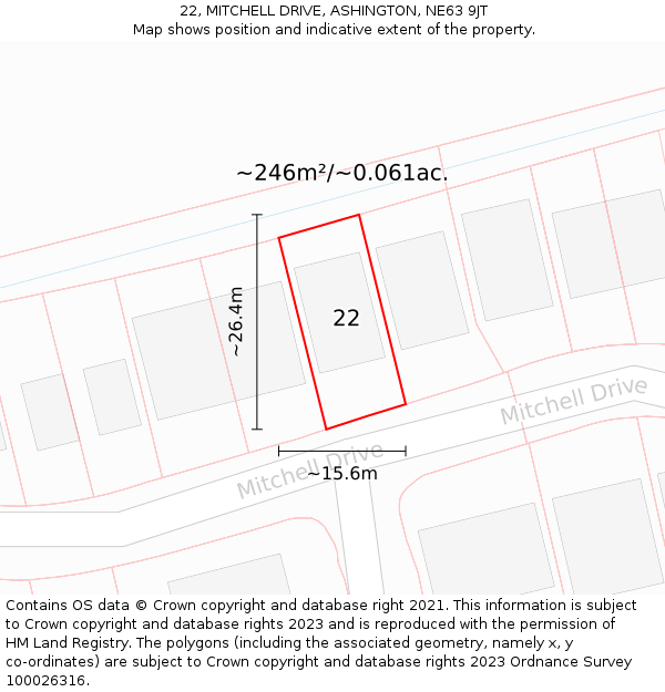 22, MITCHELL DRIVE, ASHINGTON, NE63 9JT: Plot and title map