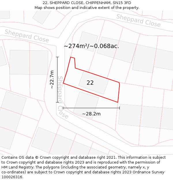 22, SHEPPARD CLOSE, CHIPPENHAM, SN15 3FD: Plot and title map