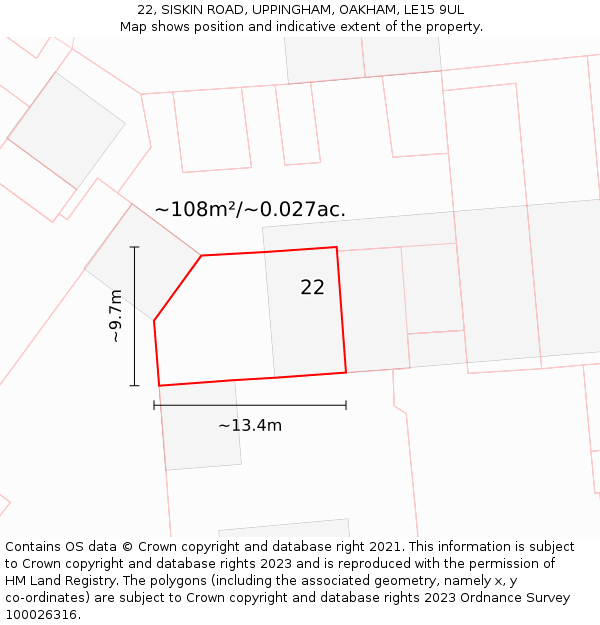 22, SISKIN ROAD, UPPINGHAM, OAKHAM, LE15 9UL: Plot and title map