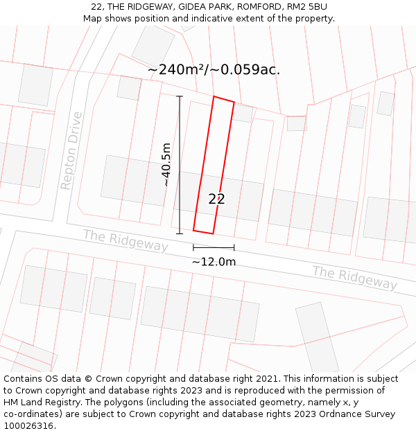 22, THE RIDGEWAY, GIDEA PARK, ROMFORD, RM2 5BU: Plot and title map