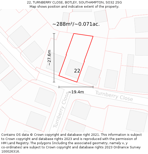 22, TURNBERRY CLOSE, BOTLEY, SOUTHAMPTON, SO32 2SG: Plot and title map