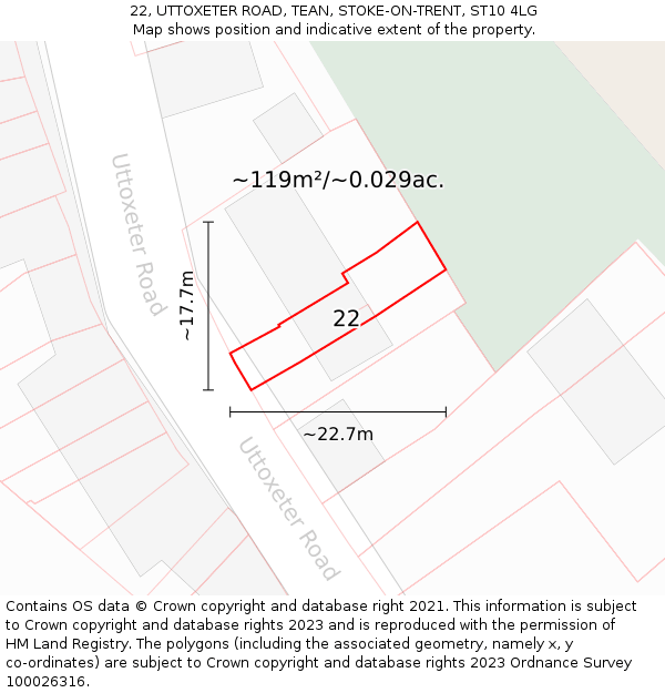 22, UTTOXETER ROAD, TEAN, STOKE-ON-TRENT, ST10 4LG: Plot and title map