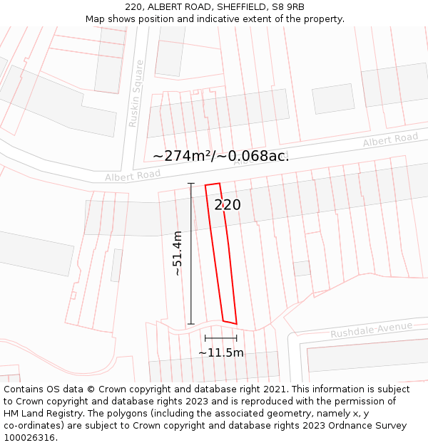 220, ALBERT ROAD, SHEFFIELD, S8 9RB: Plot and title map