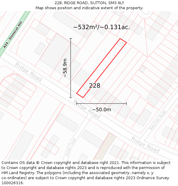 228, RIDGE ROAD, SUTTON, SM3 9LY: Plot and title map