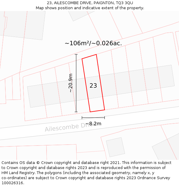 23, AILESCOMBE DRIVE, PAIGNTON, TQ3 3QU: Plot and title map