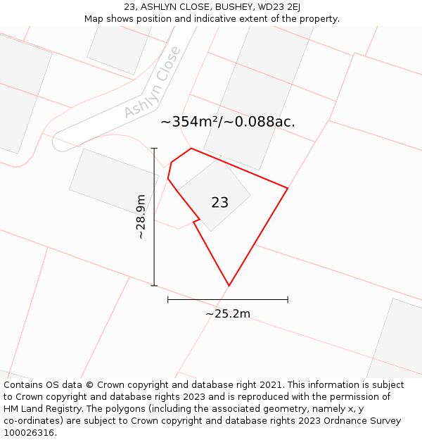 23, ASHLYN CLOSE, BUSHEY, WD23 2EJ: Plot and title map