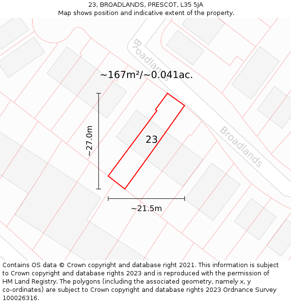23, BROADLANDS, PRESCOT, L35 5JA: Plot and title map