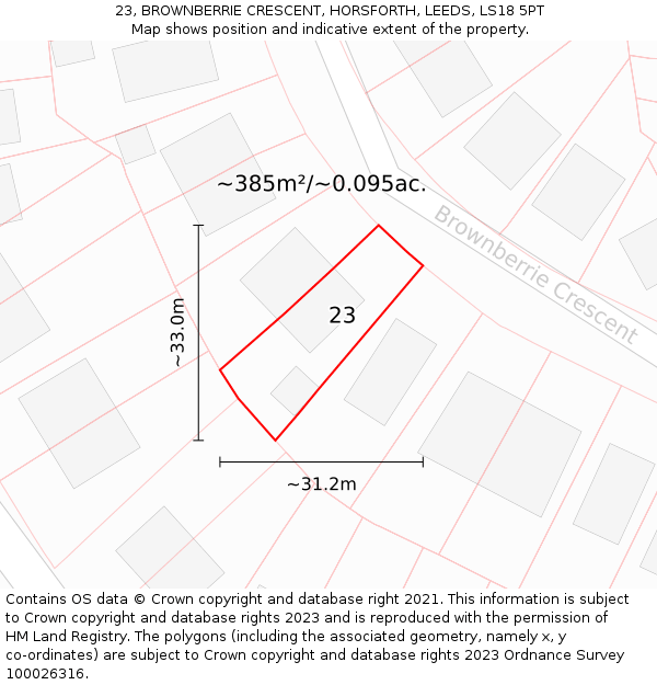 23, BROWNBERRIE CRESCENT, HORSFORTH, LEEDS, LS18 5PT: Plot and title map