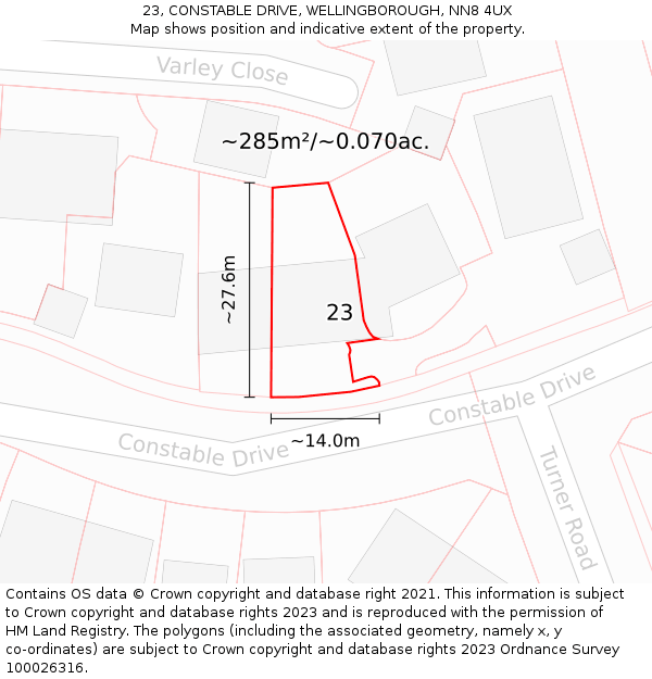 23, CONSTABLE DRIVE, WELLINGBOROUGH, NN8 4UX: Plot and title map