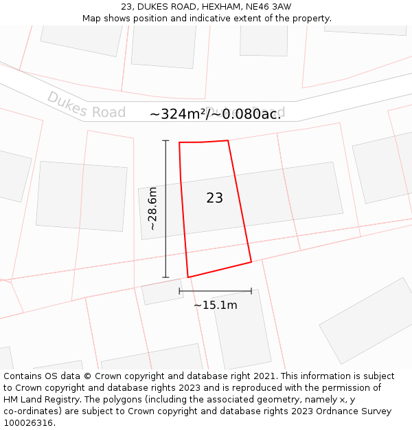 23, DUKES ROAD, HEXHAM, NE46 3AW: Plot and title map