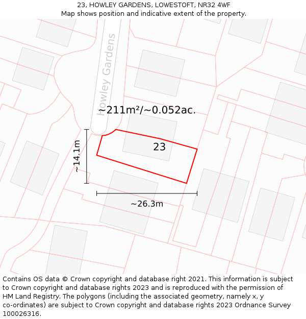 23, HOWLEY GARDENS, LOWESTOFT, NR32 4WF: Plot and title map