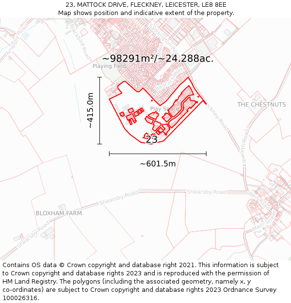 23, MATTOCK DRIVE, FLECKNEY, LEICESTER, LE8 8EE: Plot and title map