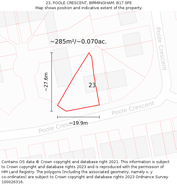 23, POOLE CRESCENT, BIRMINGHAM, B17 0PE: Plot and title map
