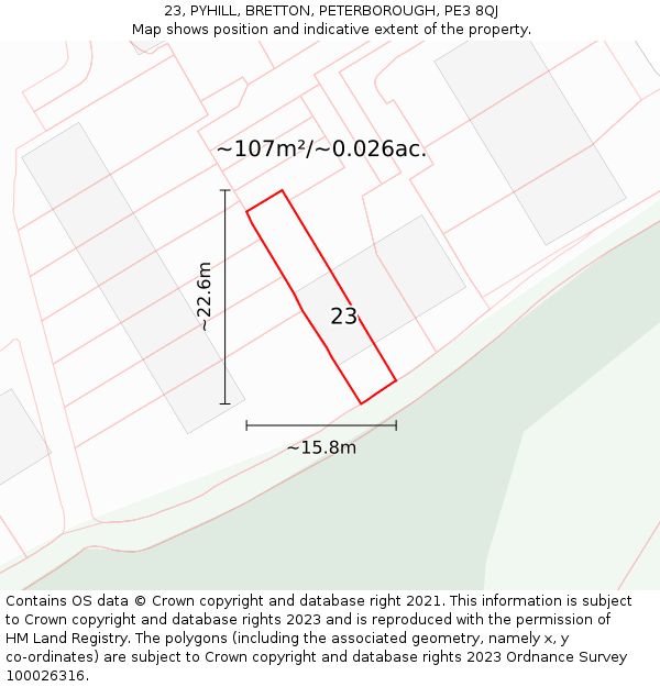 23, PYHILL, BRETTON, PETERBOROUGH, PE3 8QJ: Plot and title map