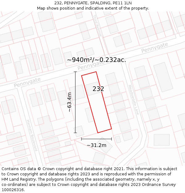 232, PENNYGATE, SPALDING, PE11 1LN: Plot and title map