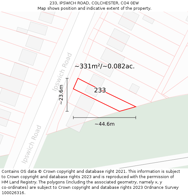233, IPSWICH ROAD, COLCHESTER, CO4 0EW: Plot and title map
