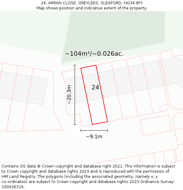 24, ARRAN CLOSE, GREYLEES, SLEAFORD, NG34 8FY: Plot and title map