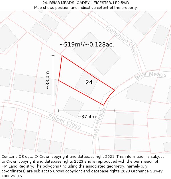 24, BRIAR MEADS, OADBY, LEICESTER, LE2 5WD: Plot and title map