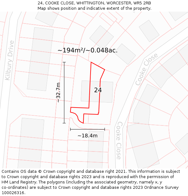 24, COOKE CLOSE, WHITTINGTON, WORCESTER, WR5 2RB: Plot and title map