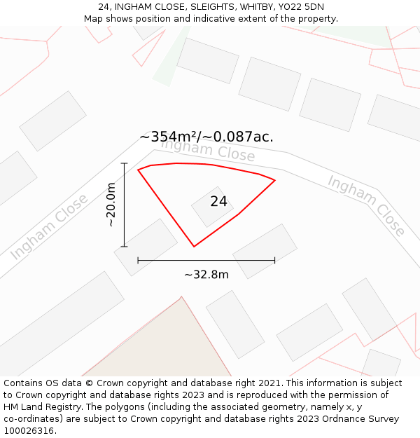 24, INGHAM CLOSE, SLEIGHTS, WHITBY, YO22 5DN: Plot and title map