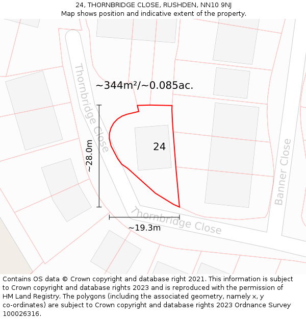 24, THORNBRIDGE CLOSE, RUSHDEN, NN10 9NJ: Plot and title map