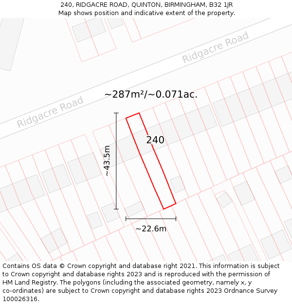 240, RIDGACRE ROAD, QUINTON, BIRMINGHAM, B32 1JR: Plot and title map