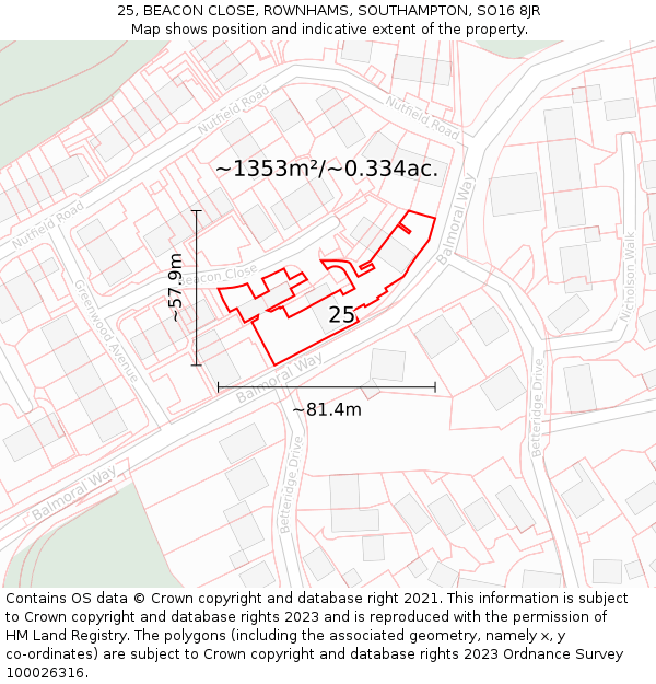 25, BEACON CLOSE, ROWNHAMS, SOUTHAMPTON, SO16 8JR: Plot and title map