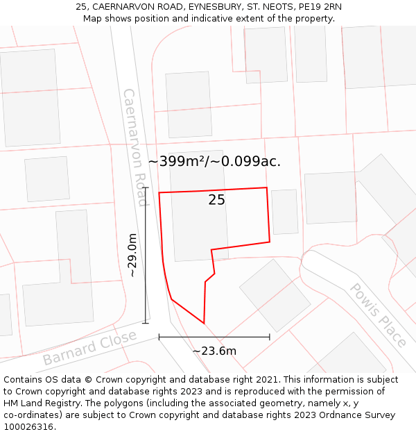 25, CAERNARVON ROAD, EYNESBURY, ST. NEOTS, PE19 2RN: Plot and title map