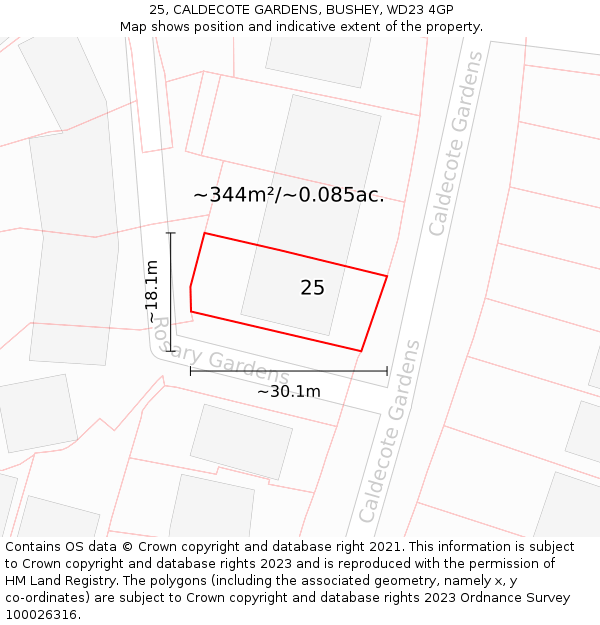 25, CALDECOTE GARDENS, BUSHEY, WD23 4GP: Plot and title map