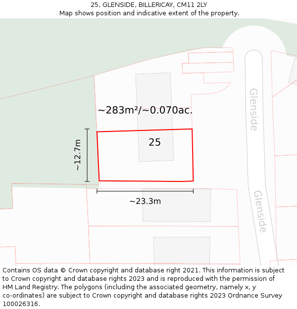 25, GLENSIDE, BILLERICAY, CM11 2LY: Plot and title map