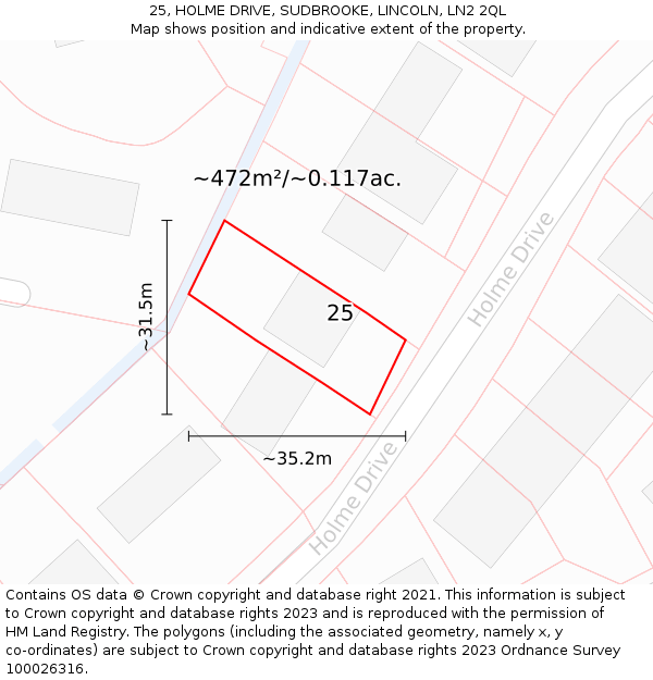 25, HOLME DRIVE, SUDBROOKE, LINCOLN, LN2 2QL: Plot and title map