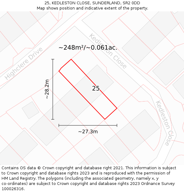 25, KEDLESTON CLOSE, SUNDERLAND, SR2 0DD: Plot and title map