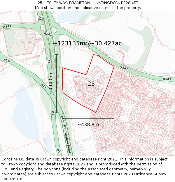 25, LESLEY WAY, BRAMPTON, HUNTINGDON, PE28 4FT: Plot and title map