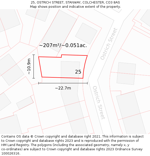 25, OSTRICH STREET, STANWAY, COLCHESTER, CO3 8AS: Plot and title map