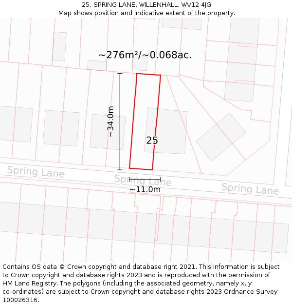 25, SPRING LANE, WILLENHALL, WV12 4JG: Plot and title map