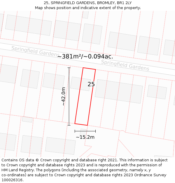 25, SPRINGFIELD GARDENS, BROMLEY, BR1 2LY: Plot and title map