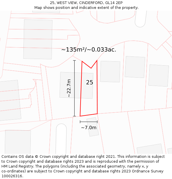 25, WEST VIEW, CINDERFORD, GL14 2EP: Plot and title map