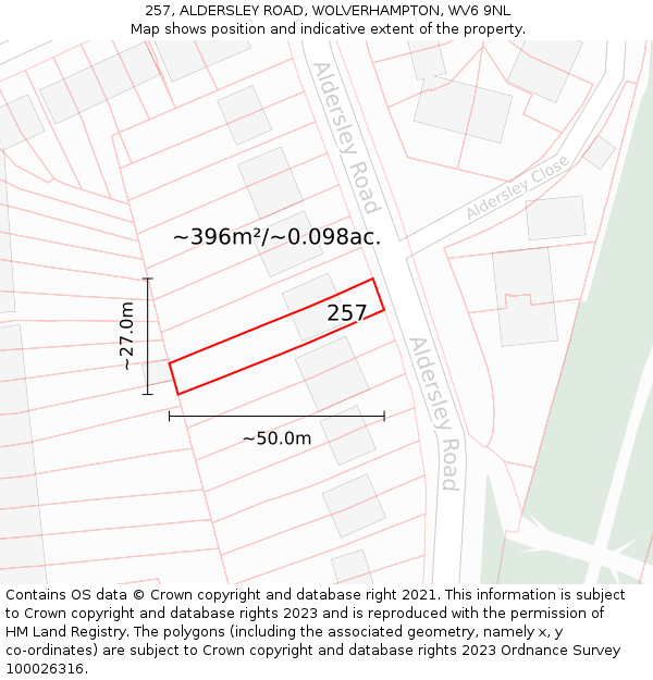 257, ALDERSLEY ROAD, WOLVERHAMPTON, WV6 9NL: Plot and title map