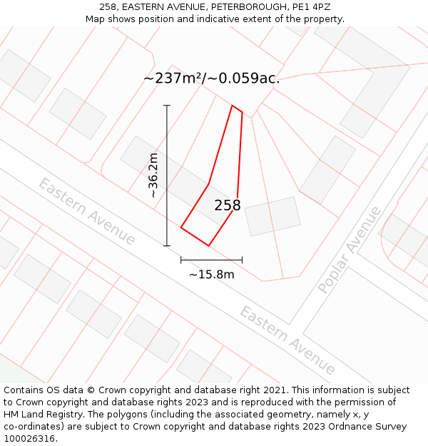 258, EASTERN AVENUE, PETERBOROUGH, PE1 4PZ: Plot and title map