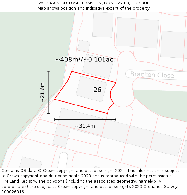26, BRACKEN CLOSE, BRANTON, DONCASTER, DN3 3UL: Plot and title map