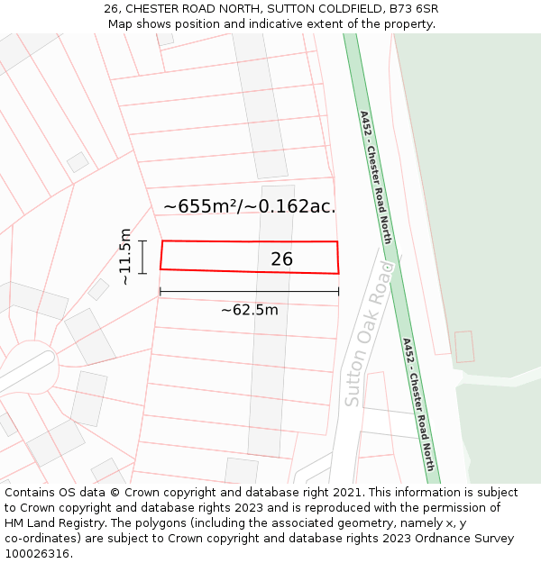 26, CHESTER ROAD NORTH, SUTTON COLDFIELD, B73 6SR: Plot and title map