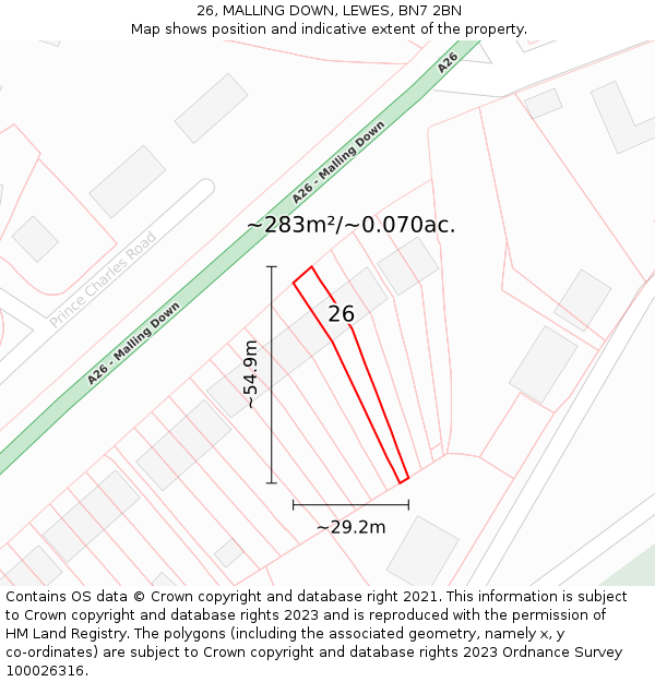 26, MALLING DOWN, LEWES, BN7 2BN: Plot and title map