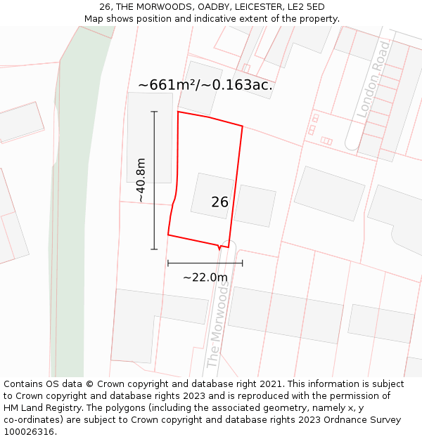 26, THE MORWOODS, OADBY, LEICESTER, LE2 5ED: Plot and title map