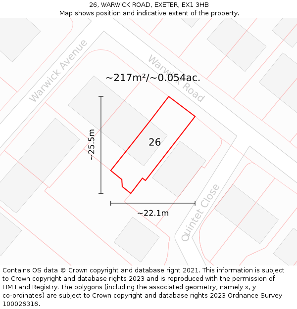 26, WARWICK ROAD, EXETER, EX1 3HB: Plot and title map