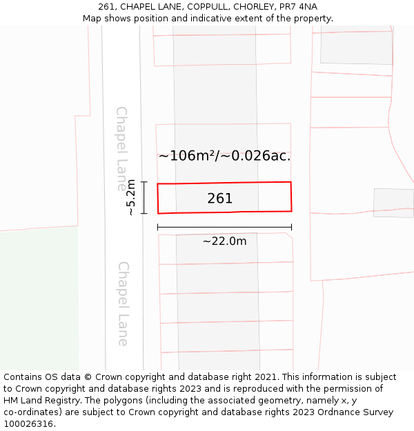 261, CHAPEL LANE, COPPULL, CHORLEY, PR7 4NA: Plot and title map
