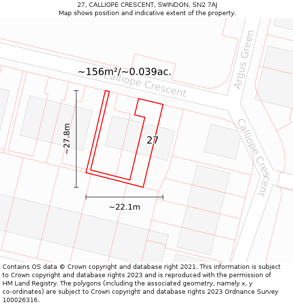 27, CALLIOPE CRESCENT, SWINDON, SN2 7AJ: Plot and title map