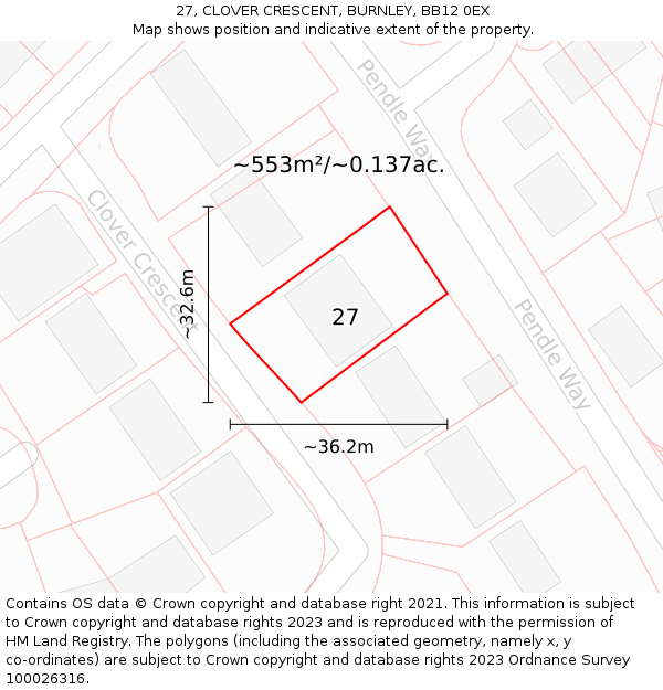 27, CLOVER CRESCENT, BURNLEY, BB12 0EX: Plot and title map