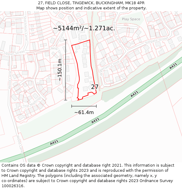 27, FIELD CLOSE, TINGEWICK, BUCKINGHAM, MK18 4PR: Plot and title map
