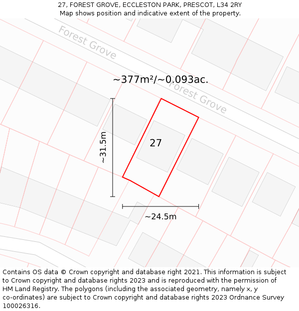 27, FOREST GROVE, ECCLESTON PARK, PRESCOT, L34 2RY: Plot and title map